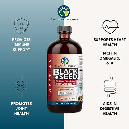 Amazing Herbs Egyptian Black Seed Oil - Gluten Free, Non GMO, Cold Pressed Nigella Sativa Aids in Digestive Health, Immune Support, Brain Function, Mild Flavor - 16 Fl Oz