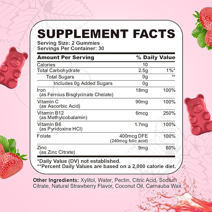 Iron Supplement for Women & Men Gummies, Multivitamin Blood Builder Iron Supplement with Folate Vitamin C B12 B6 Zinc for Adults & Kids - Energy Support - Strawberry Flavor, Vegan 60 Gummies