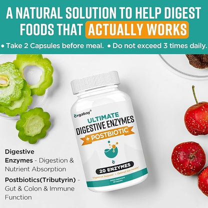 Digestive Enzymes 1000mg with Postbiotics, 20 Enzyme Blend for Bloating, Optimal Digestion and Gut Function, 60 Veggie Capsules