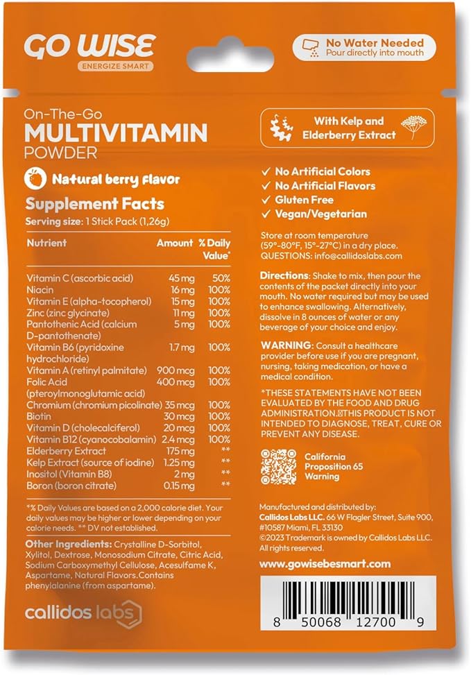 On The go Multivitamin Powder - Natural Berry Flavor - 14 Convenient Stick Packs - Portable Vitamin Supplement for Travel, Daily Nutrition, Energy and Immune Support: for Men and Women.