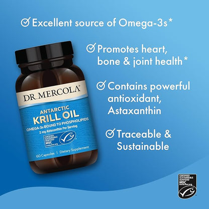 Dr. Mercola Antarctic Krill Oil - 1,000 mg - Omega-3 Supplement with EPA & DHA - Supports Brain, Heart, Joint & Immune Health - GMO-Free, Gluten-Free & Soy-Free - 60 Capsules (30 Servings)