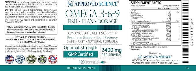 Approved Science Omega 3-6-9-2400mg Daily Blend of Fish, Flaxseed, and Borage Oils with Vitamin E - Wellness Support - Non-GMO, Mercury-Free - 120 Softgels - 2 Month Supply