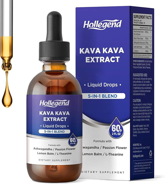 Kava Kava Root Extract Liquid Drops, 5 in 1 Blend with Ashwagandha, Lemon Balm, L-Theanine, Kava Tincture Supplement for Stress Relief, Sleep, Brain Health, 2 Fl Oz