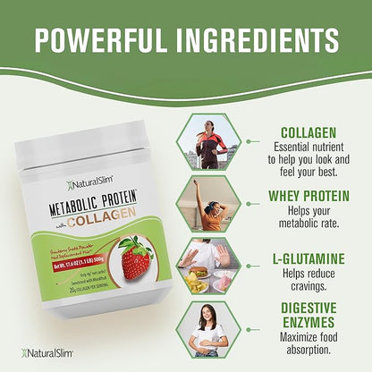 NaturalSlim Metabolic Protein Powder with Collagen Strawberry - Hydrolyzed Collagen Protein Powder for Hair, Skin, Bone, Joint, and Metabolism - Low Carb Meal Replacement Shake Mix - 17.6 oz