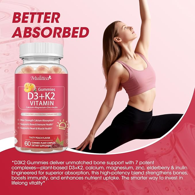 Vitamin D3 10000 IU + K2 (MK7) 200mcg w/Calcium Magnesium Zinc Elderberry & Inulin-Highly Bioavailable-Enhanced Absorption for Immune & Bone Support- K2 D3 Vitamin Supplement-Vegan Gummies