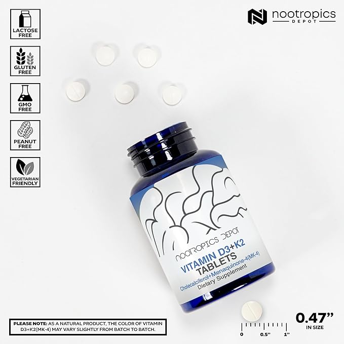 Nootropics Depot Vitamin D3 + K2 with Vitamin C Tablets | 60 Count | Cholecalciferol + Menaquinone-4 (MK-4) | Mood, & Bone Health | Healthy Calcium Absorption