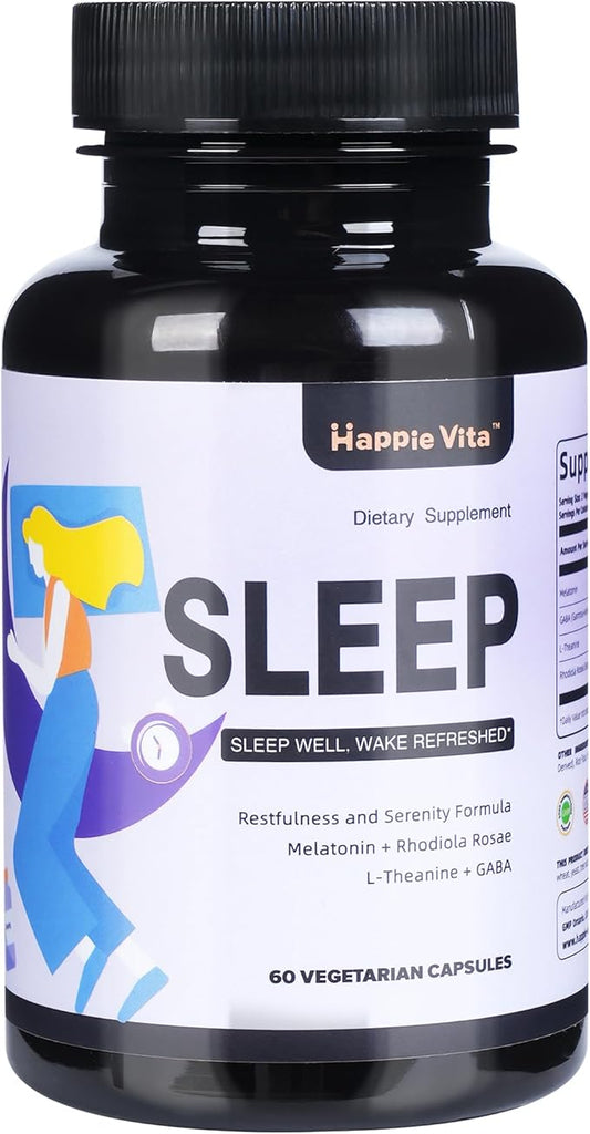 4 in 1 Sleep Aid for Adults, Melatonin 5mg with Rhodiola Rosea, GABA 250 mg, L Theanine 250mg, Relaxation and Sleep Supplement, 60 Capsules