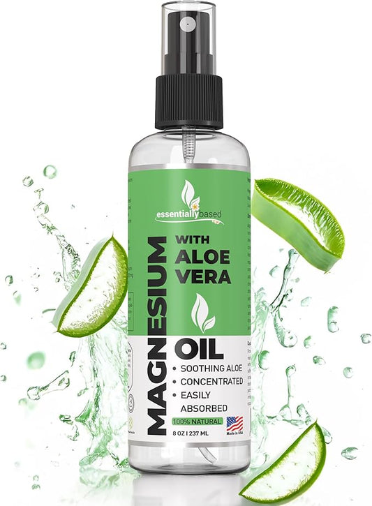 Pure Magnesium Oil Spray with Aloe Vera 8oz - Topical Magnesium Spray - Less Itchy - 100% Organic Oil - Made in USA