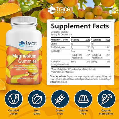 Trace Minerals Magnesium 84mg - Chewable Magnesium Supplement for Bone & Heart Health Support - Immune System Support - Aids Relaxation & Healthy Sleep - Peach, 120 Gummies (120 Servings)