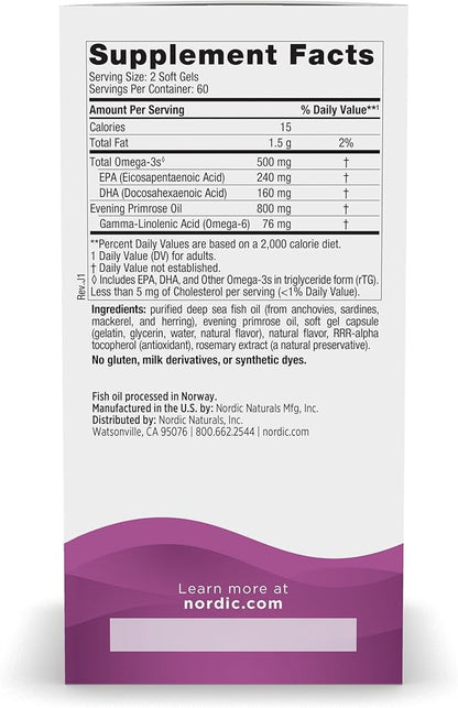 Nordic Naturals Omega Woman, Lemon - 120 Soft Gels - 500 mg Omega-3 + 800 mg Evening Primrose Oil - Healthy Skin & Optimal Wellness - Non-GMO - 60 Servings