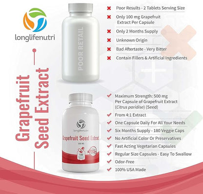 Grapefruit Seed Extract 500mg 180 Vegetarian Capsules | Made in USA | GSE Potent Immune Vitamin & Overall Health Supplement | Non GMO Gluten Free Pill