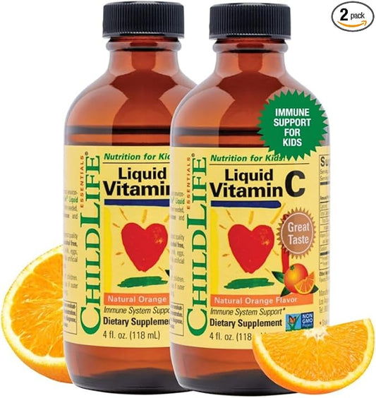 CHILDLIFE ESSENTIALS Liquid Vitamin C - Pure Vitamin C Liquid, Vitamin C for Kids, Liquid Supplement, Immune System Support, Great Taste - Natural Orange, 4 Fl Oz (Pack of 2)