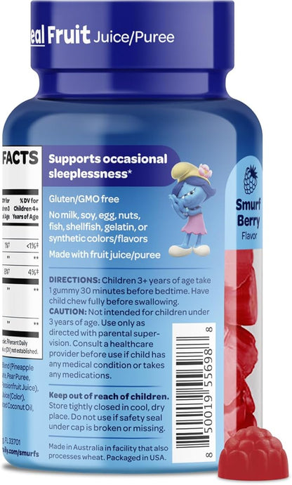 The Smurfs 1mg Melatonin Gummies for Kids with Chamomile & Lemon Balm for a Restful Sleep Age 3+ | Non-Habit Forming | Made with Real Fruit in a Smurf Berry | Doctor Developed | 50 Vegetarian Gummy