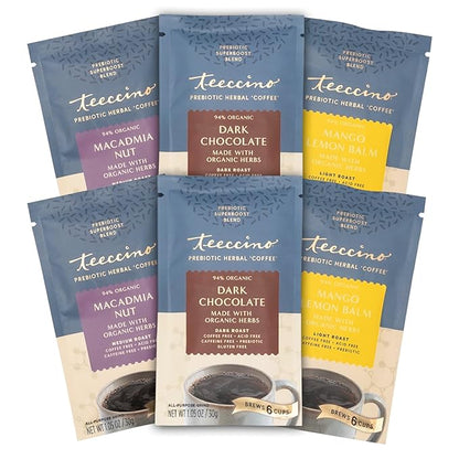 Teeccino Prebiotic SuperBoost™ Herbal Coffee Sampler - 6 Trial-Size Packets - Dark Chocolate, Mango Lemon Balm, Macadamia Nut - Prebiotic, Caffeine-Free, Ground Coffee Alternatives for Good Gut Health