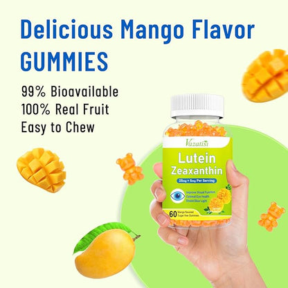 Eye Vitamins Lutein & Zeaxanthin Gummies, Sugar Free Eye Health Supplements with Bilberry, Astaxanthin - Support Blue Light, Visual Function and Macular Health - Mango Flavored, 60 Count