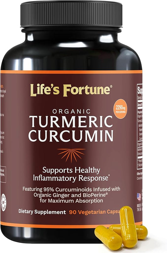 Life's Fortune Organic Turmeric Curcumin with Black Pepper and Ginger, Enhanced Absorption, Extra Strength Supplement, Joint & Immune Support, Non-GMO, 90 Cap - 2250mg
