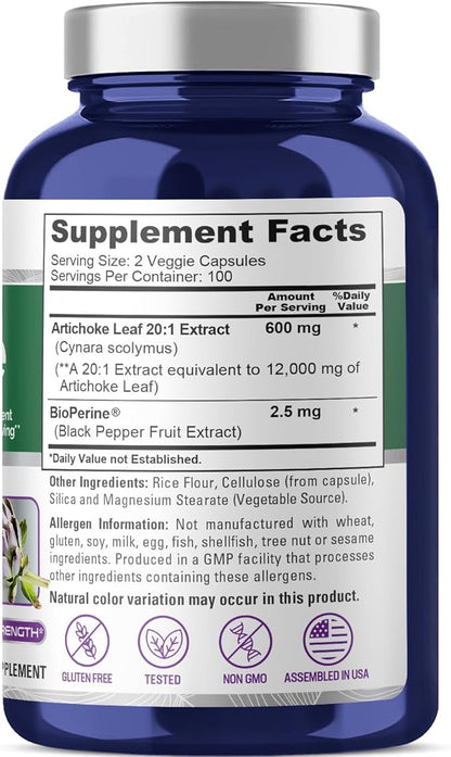 NusaPure Artichoke 20:1 Extract, 600 mg Equivalent to 12,000mg 200 Veggie caps (Non-GMO, Gluten Free)