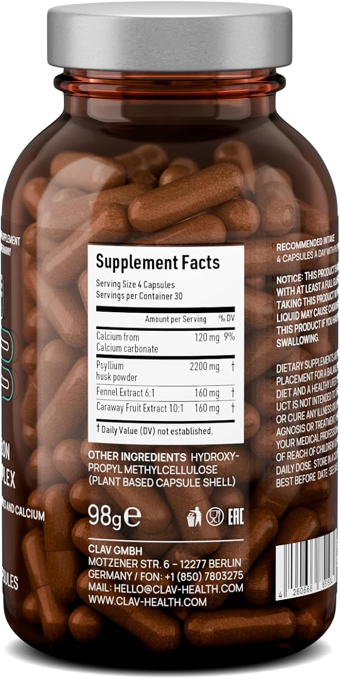 Psyllium Husks Capsules - 2200mg Soluble Fiber Supplement per Serving - Colon Complex with Fennel, Caraway Extract & Calcium - 120 Vegan Capsules - Made in Germany