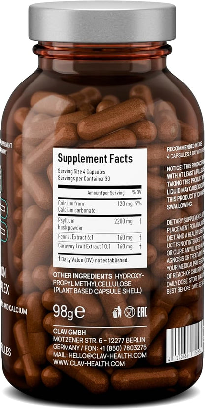 Psyllium Husks Capsules - 2200mg Soluble Fiber Supplement per Serving - Colon Complex with Fennel, Caraway Extract & Calcium - 120 Vegan Capsules - Made in Germany