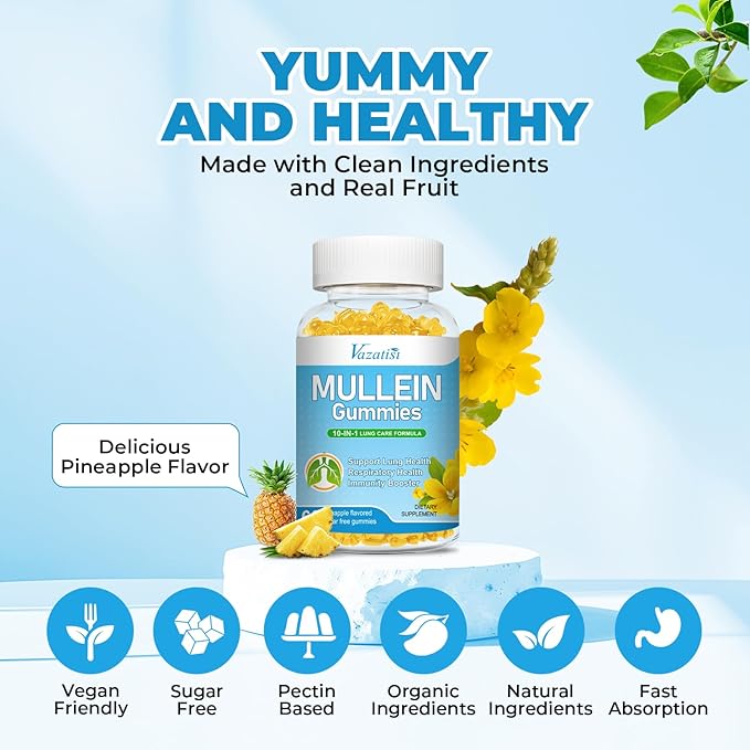 10 in 1 Mullein Gummies for Lungs, Mullein Leaf Extract with Bromelain, Quercetin, Magnesium - Support Lung Cleanse for Healthy Breathing, 60ct