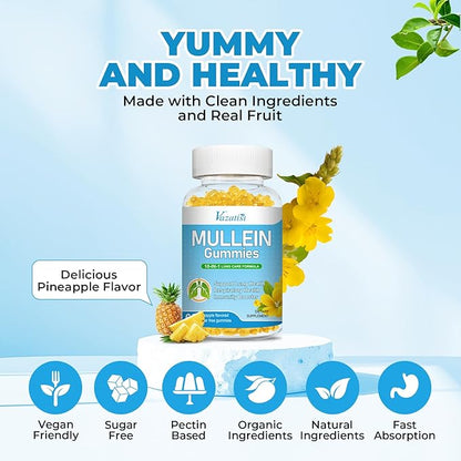 10 in 1 Mullein Gummies for Lungs, Mullein Leaf Extract with Bromelain, Quercetin, Magnesium - Support Lung Cleanse for Healthy Breathing, 60ct