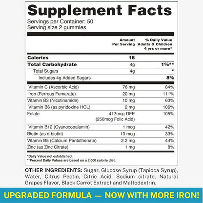 Iron Gummies for Women, Men & Kids - Iron Supplement with Vitamin C, A, Vitamins B Complex, Biotin & Zinc - Multivitamin Chewable Iron Gummies for Adults - Alternative to Iron Pills, Capsules, Tablets