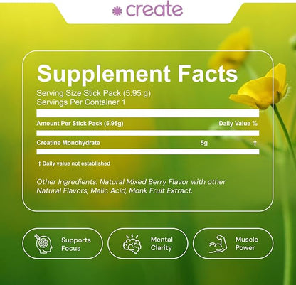 Create Single Serve Creatine Monohydrate Powder – 5g Creapure Creatine | Redefining Strength, Energy & Recovery | Sugar-Free, Vegan, Non-GMO | Mixed Berry | 30 Portable Packets