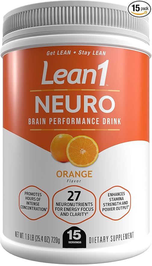 Lean1 Neuro, Mental Energy Powder Drink, orange flavor, 15 serving tub by Nutrition53