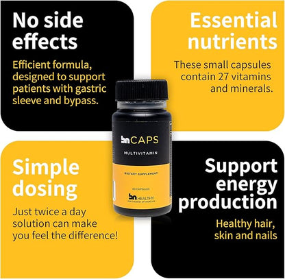 BN Caps - Multivitamin Capsule with 22 Essential Nutrients: Vitamins A, B-6, B-12, C, D3, E, K, Biotin, Iron & Zinc, Supports Men & Women Overall Health, 60 Capsules, 60 Days Supply