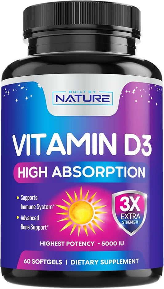 Vitamin D3 High Potency 5000 IU (125 mcg), Bone, Teeth, Muscle & Immune Health Support, Non-GMO, Gluten-Free, 2 Month Supply in Rapid-Release High Absorption Vitamin D, Easy to Swallow, 60 Softgels