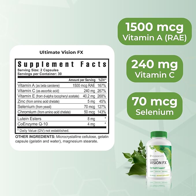 Youngevity Ultimate Vision FX™ - Eye Vitamin & Mineral Supplement Blend - Lutein, CoQ10, Vitamins A, C, E, Zinc, Chromium, Selenium for Eye Health (60 Capsules)