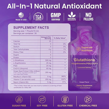 Liposomal Glutathione Supplement – 500mg Glutathione with PQQ, CoQ10 & Vitamin C – High Absorption Antioxidant for Immune & Energy Support – Grape Flavor, 30 Packets