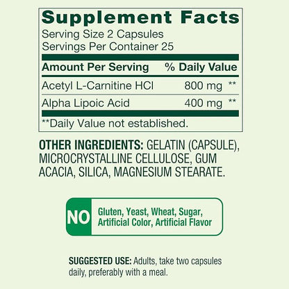 Spring Valley Acetyl L-Carnitine HCI 400 mg + Alpha Lipoic Acid 200 mg Capsules, 50 Count (Pack of 1)