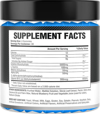 Creatine Monohydrate Gummies 5g (5000mg) for Men & Women - Sugar-Free Creatine Pre Workout Chews For Energy Boost, Creatine Supplement For Building Muscle and Strength, Vegan, 120 Gummies, 30 Servings