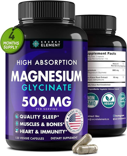 Magnesium Glycinate 500MG Capsules, Magnesium Supplement for Adults & Kids with Kava Kava, High Absorption, Vegan & Non-GMO, 120 Capsules