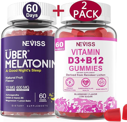 NEVISS Melatonin + Vitamin D3 & B12 Gummies, Vegan, 2+2=4 Pack