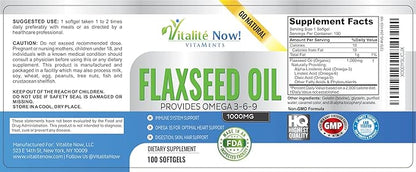 Organic Flaxseed Oil Softgels - 1000mg Premium, Virgin Cold Pressed from Flax Seeds - Hair Skin & Nails Support - Omega 3-6-9 Supplement - 100 Count - More Than 3 Month Supply!