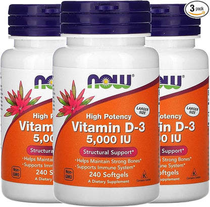Now Vitamin D-3 5000 IU, 240 Softgels, Pack of 3