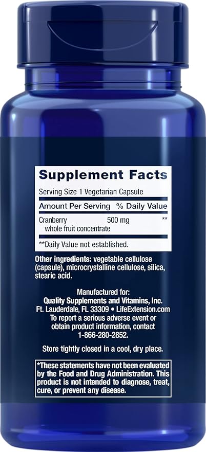 Life Extension Cran-Max®, 500 mg, Cranberry Whole Fruit Concentrate, Promotes Urinary Tract Health with Powerful antioxidants, Gluten-Free, Vegetarian, Non-GMO, 60 Capsules