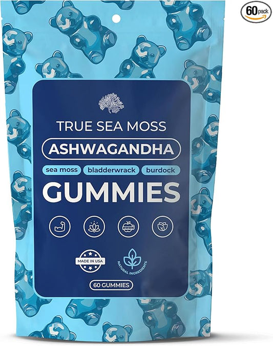 Ashwagandha Gummies for Women & Men – Vegan Herbal Blend with Sea Moss, Bladderwrack & Burdock, 60 Gummies in Pouch (30-Day Supply)