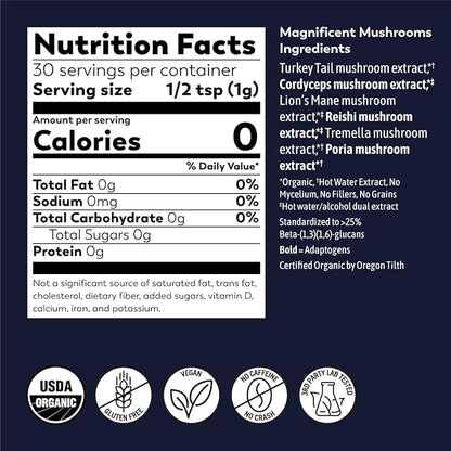 Rasa Magnificent Mushrooms – Best Mushroom Blend Supplement | 100% Fruiting Bodies | Organic Extra Potent Mushroom Extract Powder | Vegan & Gluten-Free (1 oz / 30 Servings)