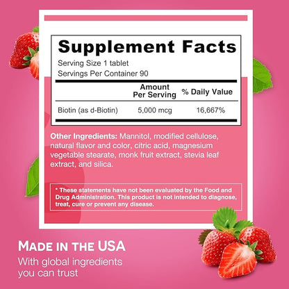 EZ Melts Dissolvable Biotin 5,000 mcg, Hair, Skin & Nail Support, Sugar-Free, 3-Month Supply