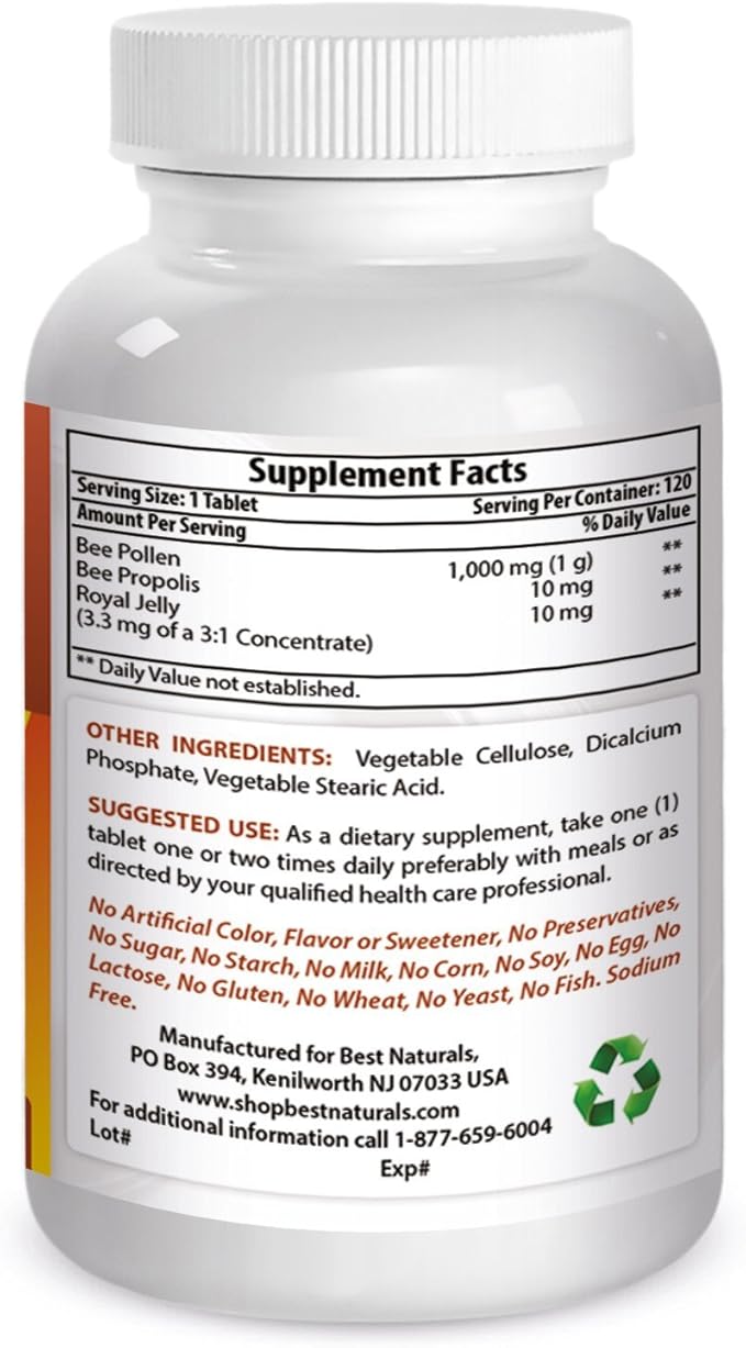 Best Naturals Bee Pollen Complex 1000 mg 120 Tablets