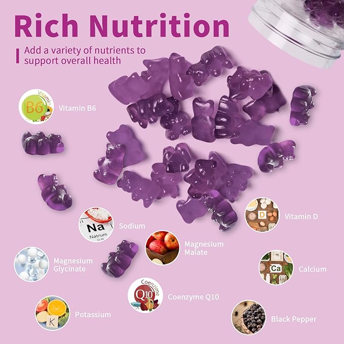 Magnesium Glycinate Gummies 400 mg, High Absorption Magnesium Glycinate Supplement with Potassium, Calcium, Vitamin D, B6 & CoQ10 for Night, Muscle Support Cranberry Flavor 60 Count (2 Packs)