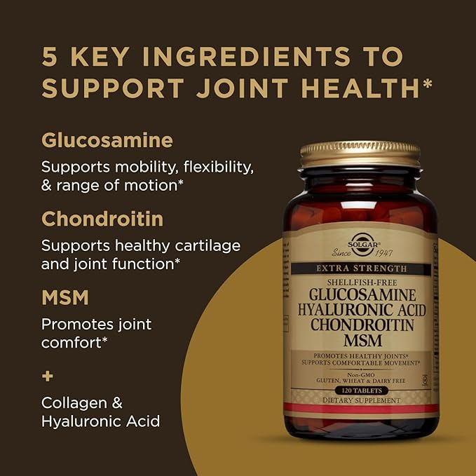 Solgar Glucosamine Hyaluronic Acid Chondroitin MSM, 120 Tablets - Supports Healthy Joints - Supports Range of Motion & Flexibility - Extra Strength, Shellfish Free - Non-GMO, Gluten Free - 40 Servings