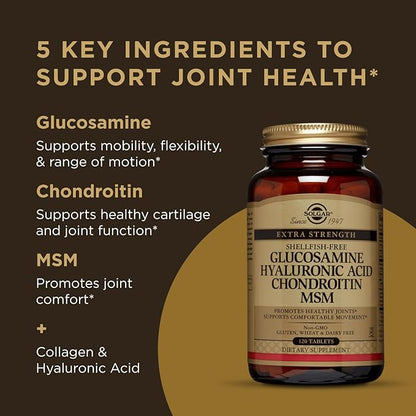 Solgar Glucosamine Hyaluronic Acid Chondroitin MSM, 120 Tablets - Supports Healthy Joints - Supports Range of Motion & Flexibility - Extra Strength, Shellfish Free - Non-GMO, Gluten Free - 40 Servings