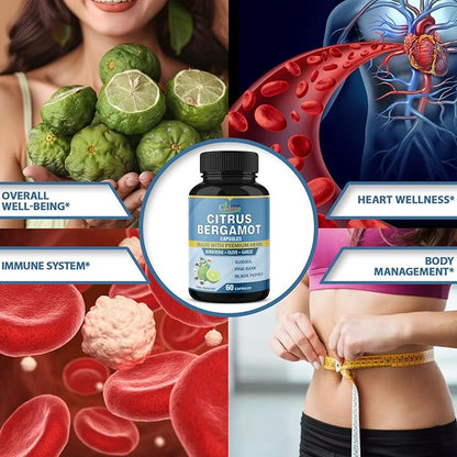 Organic Cadane 2 Packs Citrus Bergamot Extract Capsules with Berberine, Olive, Guggul, Garlic, Pine Bark, Black Pepper | 4 Months Supply