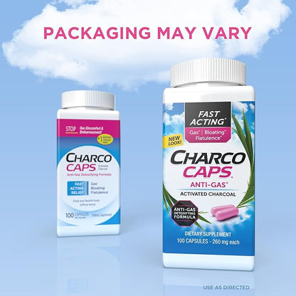 Fast Acting Gas Relief for Bloating & Flatulence, Drug Free Detoxifying Activated Charcoal Formula, 100 Capsules, 30 Day Supply, Pink