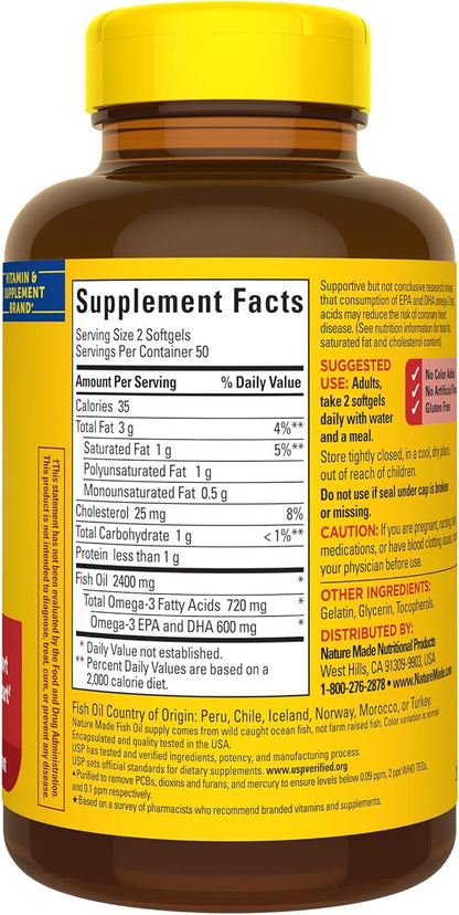 Nature Made Fish Oil Omega 3 Supplements, 1200mg Softgels, Omega 3 Fish Oil for Healthy Heart Support, 100 Softgels, 50 Day Supply
