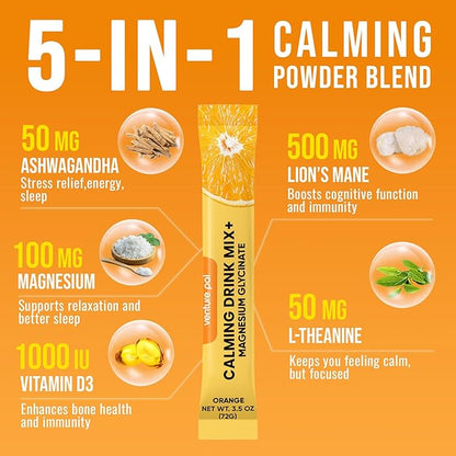 Venture Pal Magnesium Glycinate Powdered Calming Drink Mix with Ashwagandha, Vitamin D, L-Theanine, Lions Mane, Sugar Free Magnesium Supplement Blend for Calm, Relax & Focus, Non GMO, Vegan, 16 Sticks